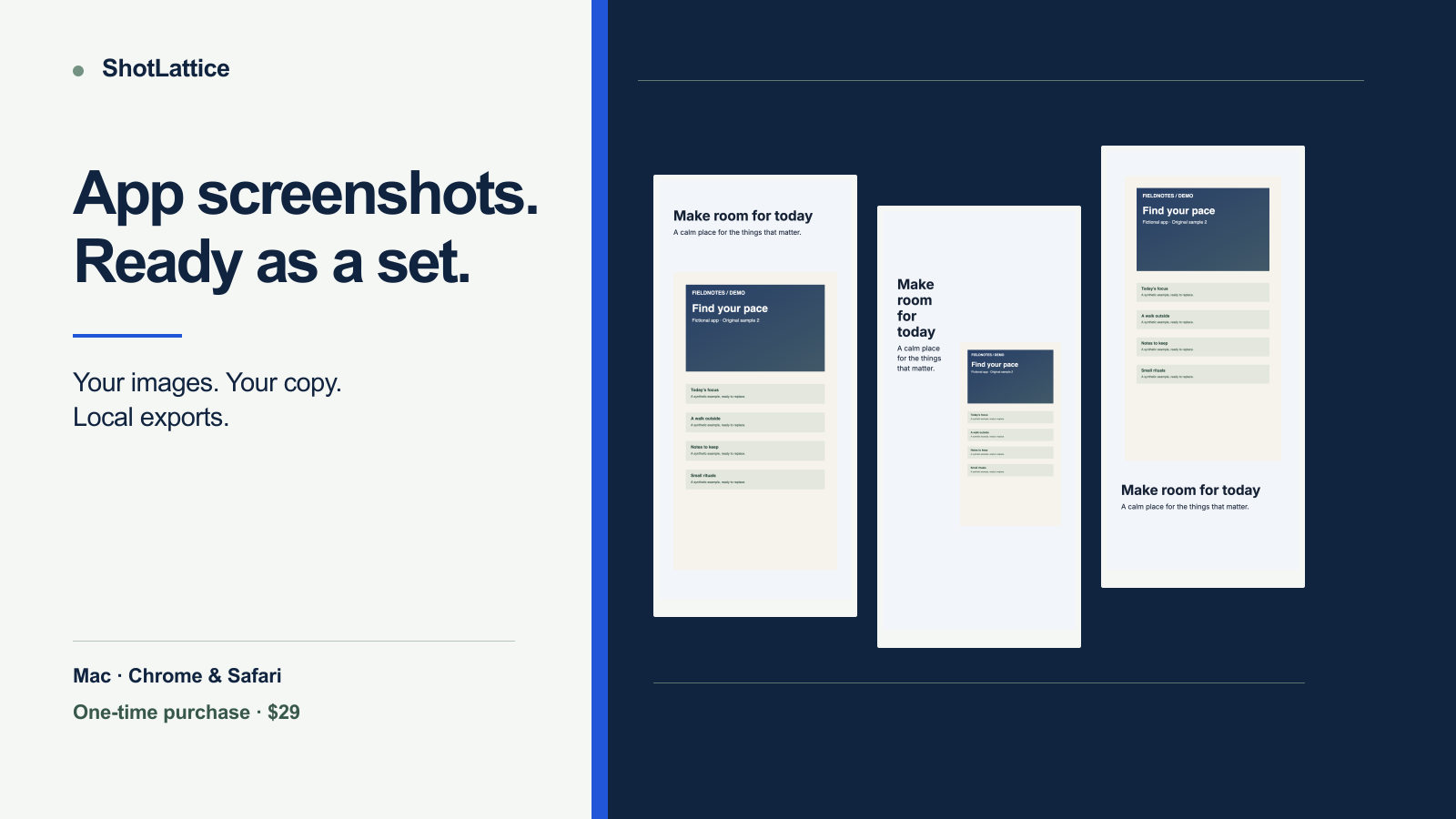 Three finished fictional ShotLattice screenshot exports in headline, side, and subtitle layouts